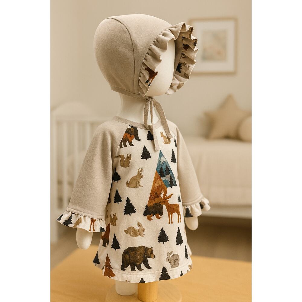 ✨ Upcycled Baby Girls Camping-Themed Dress & Bonnet Set – 6–12M ✨SAME DAY SHIP
